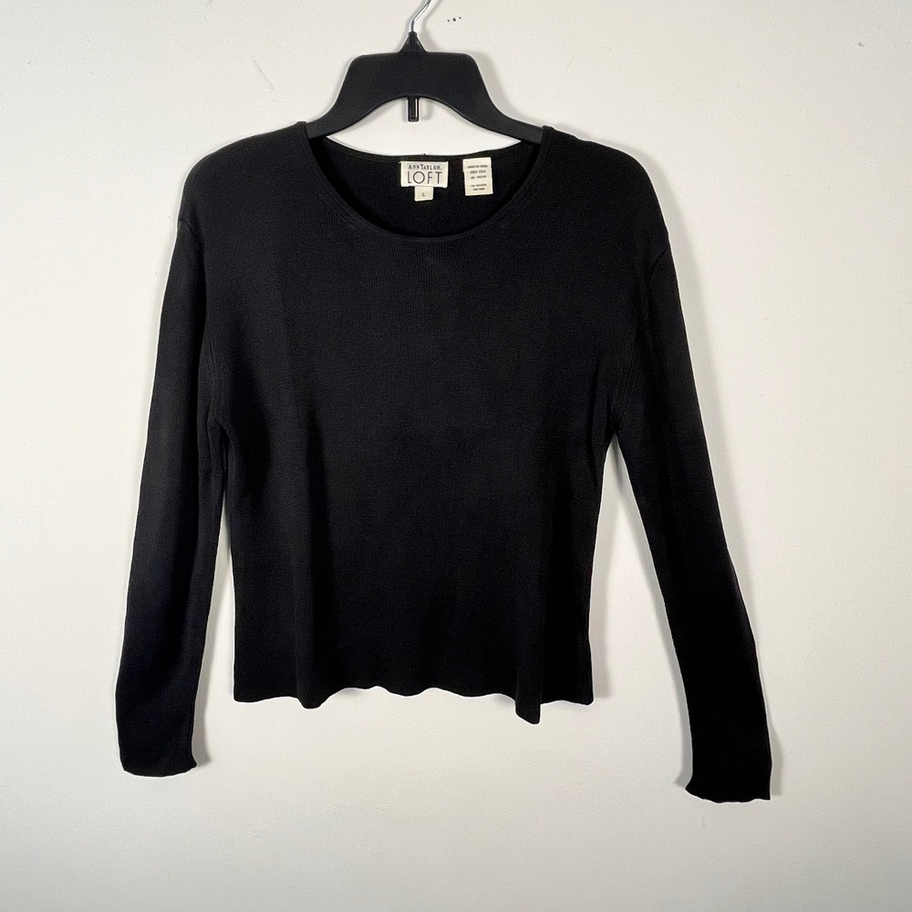 Ann Taylor LOFT Sweater Women Large Black 100% Silk Crewneck Long Sleeve